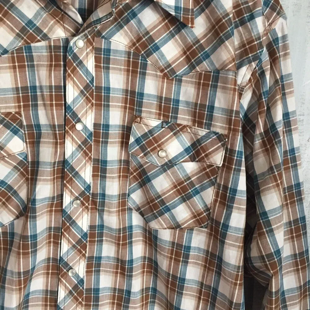 Wrangler Wrancher Brown White Plaid Western Pearl Snap Long Sleeve Shirt Mens XL - Picture 2 of 6